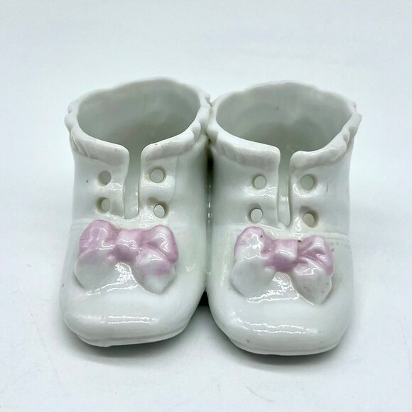 Vintage 70s Porcelain Baby Booties Pink Bow White Nursery Decor - Picture 1 of 8